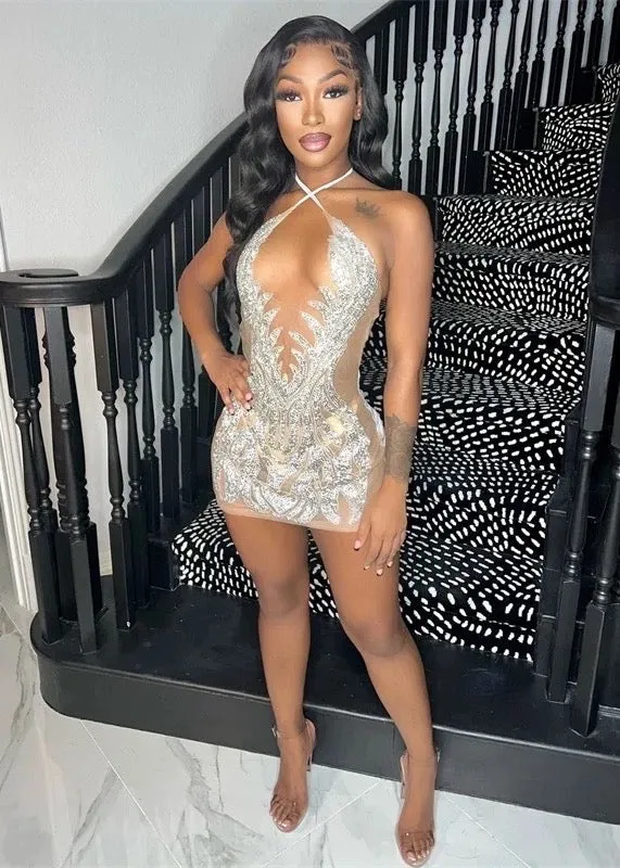 Rhinestone Decor Back Tied Mesh Mini Dress