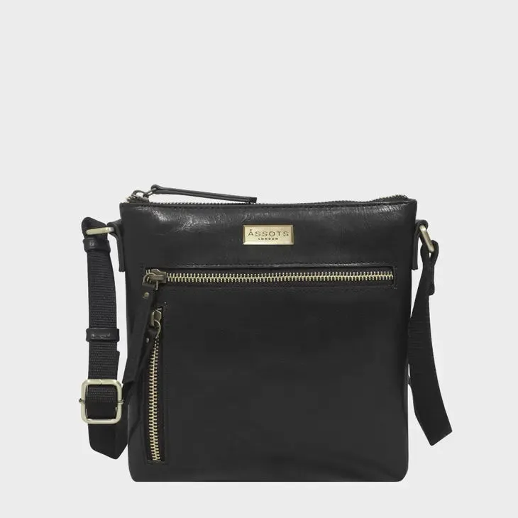 'rue' Black Polished Vt Real Leather Crossbody Bag