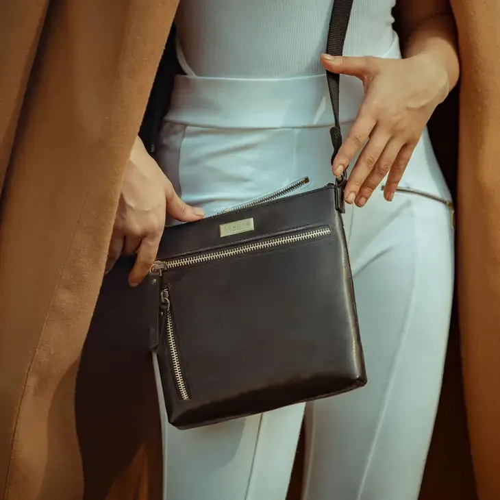 'rue' Black Polished Vt Real Leather Crossbody Bag