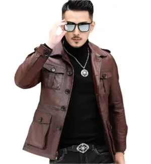 Stylish Men's Faux Leather Jacket with Button Closure and Functional Pockets