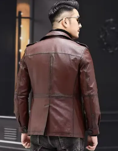 Stylish Men's Faux Leather Jacket with Button Closure and Functional Pockets
