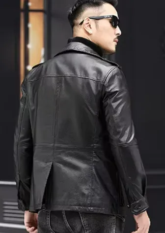 Stylish Men's Faux Leather Jacket with Button Closure and Functional Pockets