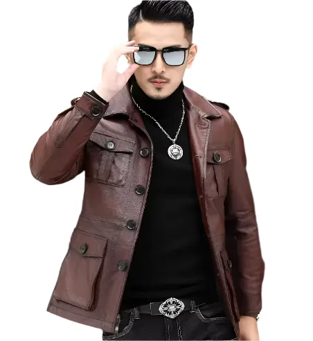Stylish Men's Faux Leather Jacket with Button Closure and Functional Pockets