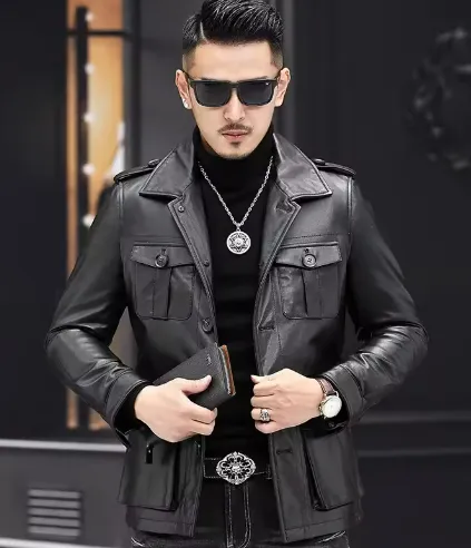 Stylish Men's Faux Leather Jacket with Button Closure and Functional Pockets