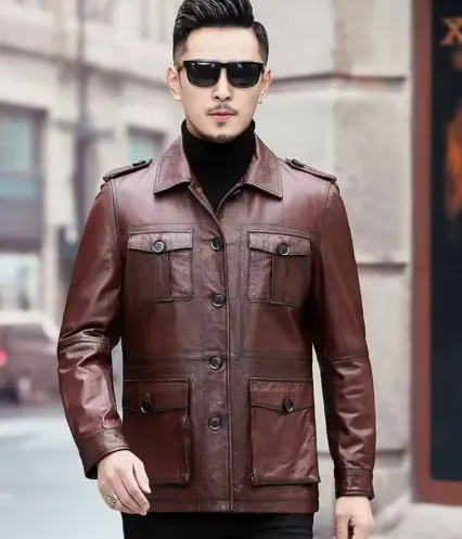 Stylish Men's Faux Leather Jacket with Button Closure and Functional Pockets