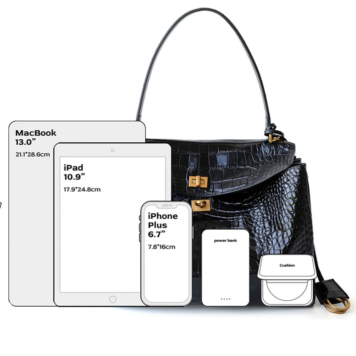 The Ivy | Luxury Black Crocodile-Embossed Leather Shoulder Bag – Elegant & Sophisticated