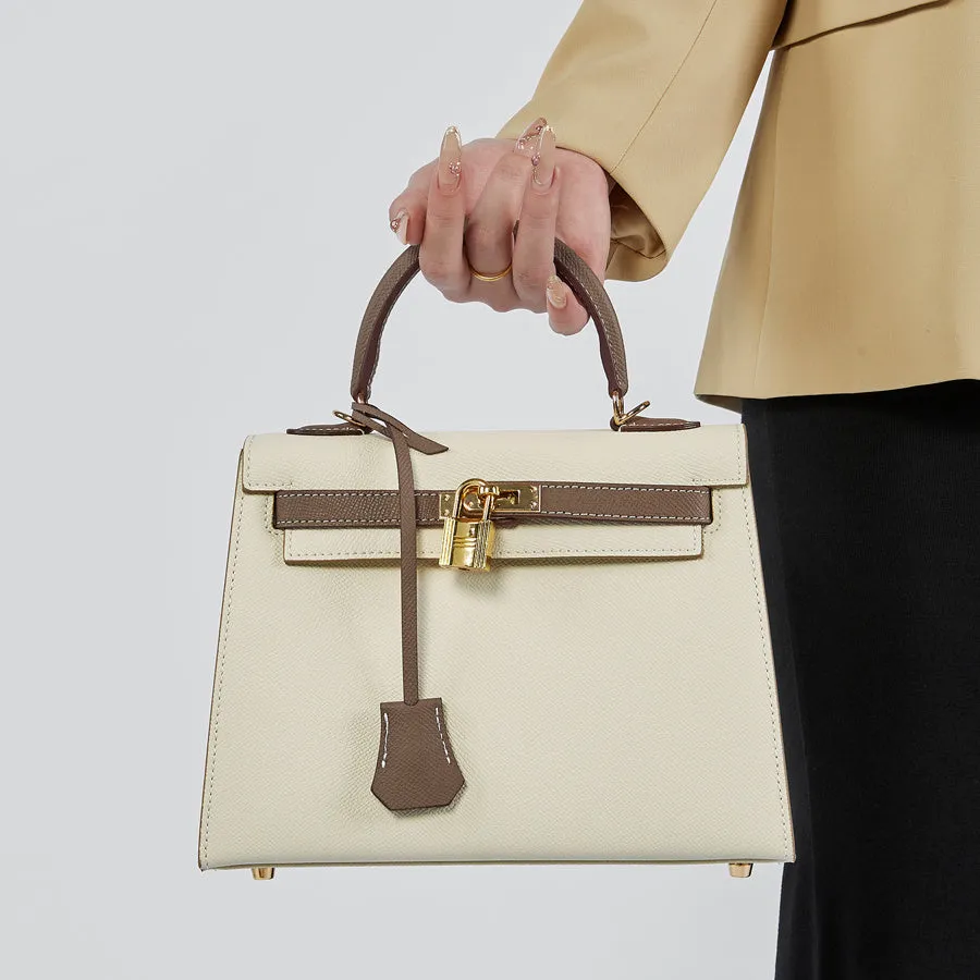 The Kelly | Luxury White & Taupe Leather Handbag – Elegant &Timeless