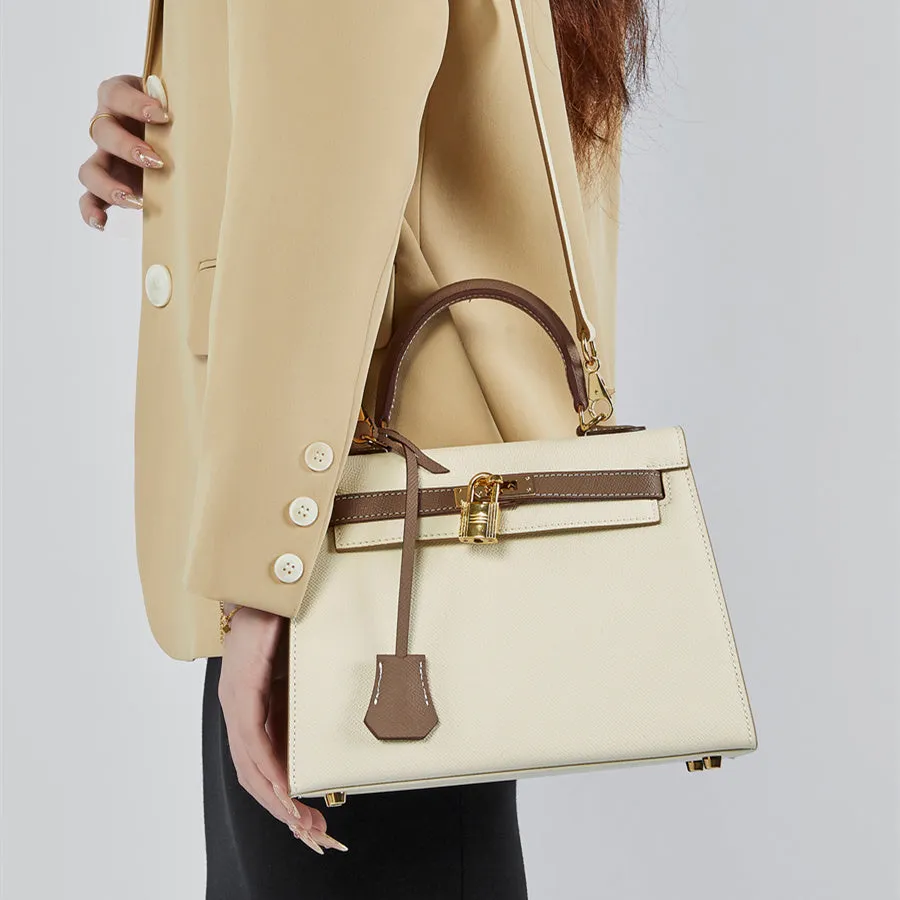 The Kelly | Luxury White & Taupe Leather Handbag – Elegant &Timeless
