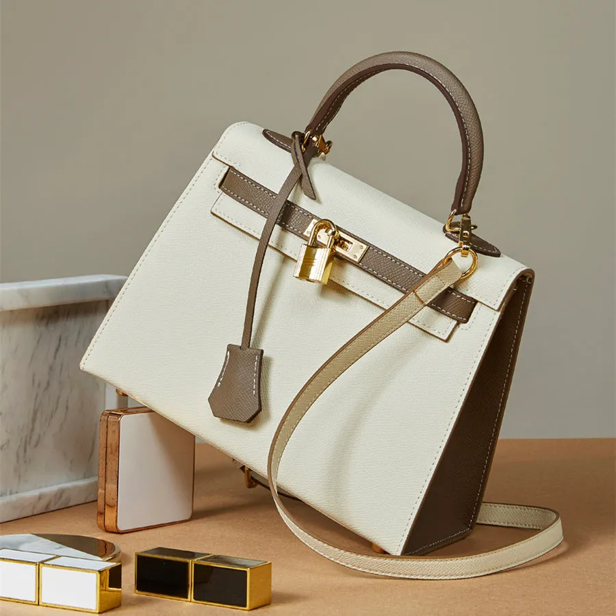The Kelly | Luxury White & Taupe Leather Handbag – Elegant &Timeless