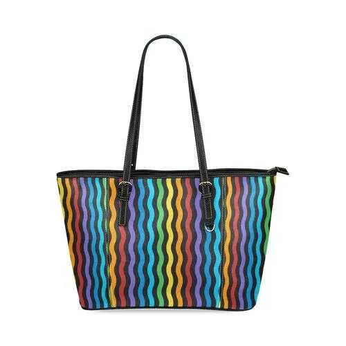 Tote Bags, Rainbow Stripped Black Leather Bag