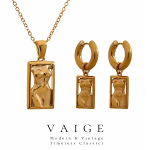 VAIGE Elegant Gold Woman Body Silhouette Pendant Necklace & Hoop Earrings Set in Stainless Steel