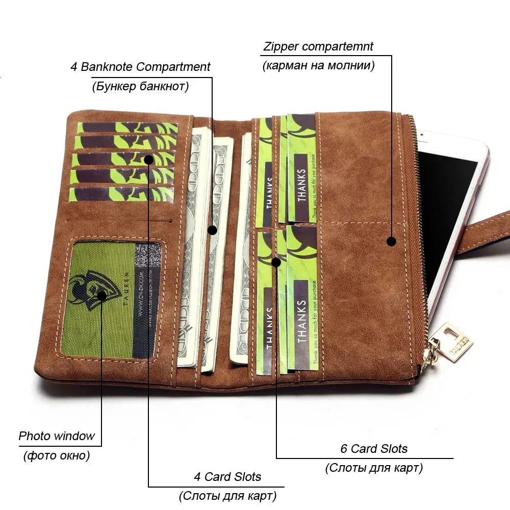 Vegan Friendly Nubuck Leather Zipper Long Design Purse