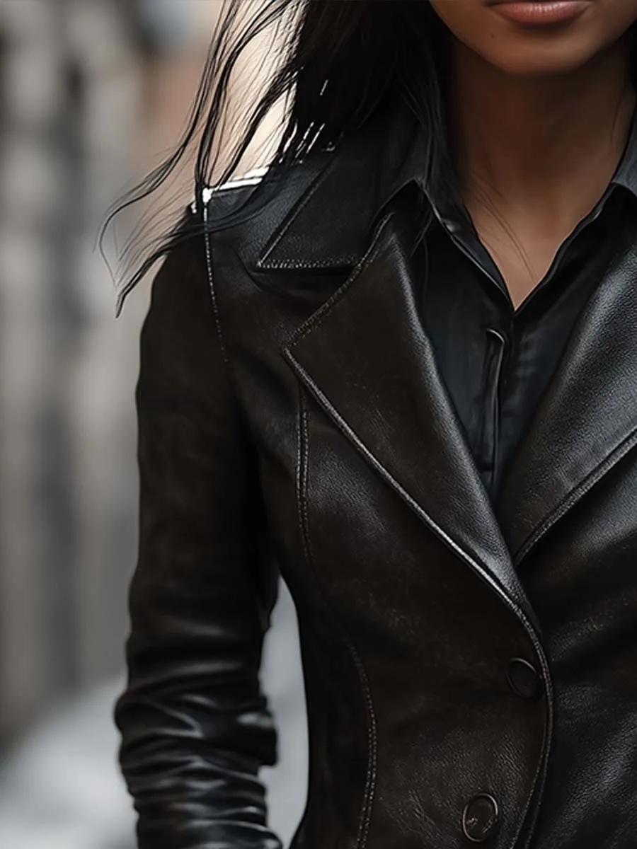 Vintage Lapel Button Leather Jacket