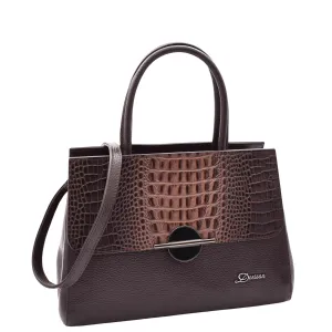 Womens Exclusive Leather Handbag Medium Casual Outgoing Tote Croc Trim Bag A4031 Brown