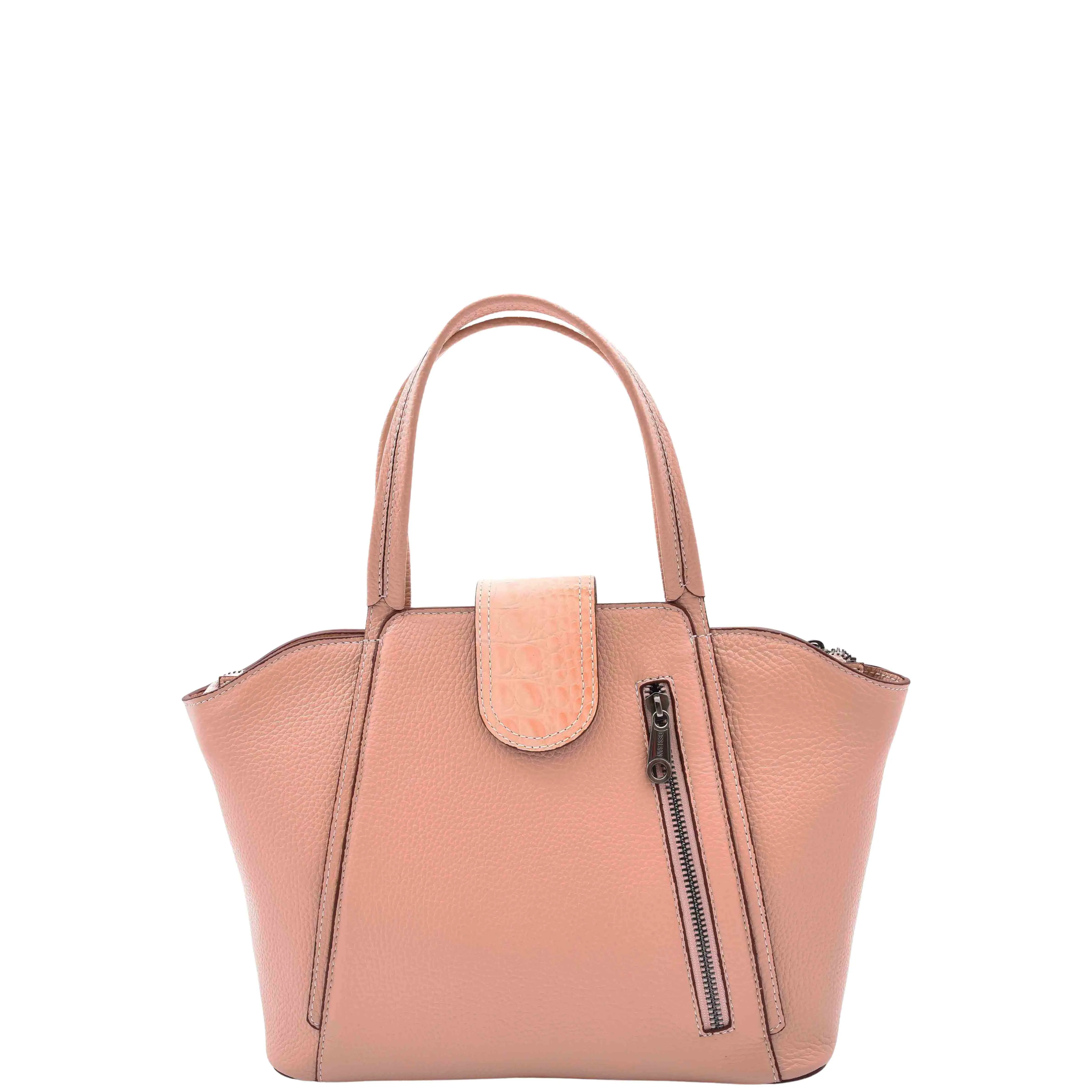 Womens Real Leather Handbag Croc Trim Casual Outgoing Fashion Tote Bag A6058 Rose