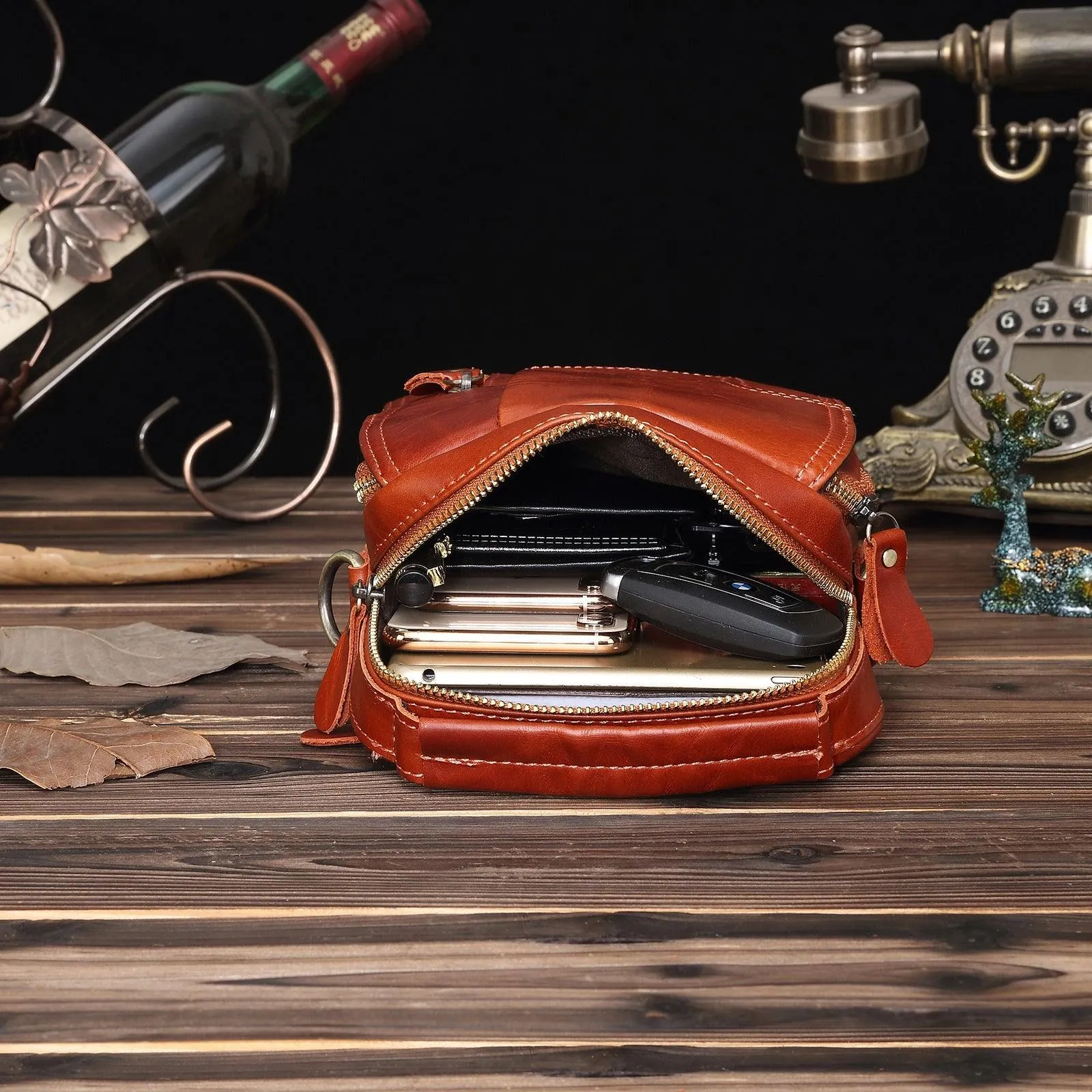 Woosir Vintage Red-Brown Leather Messenger Bag for Men